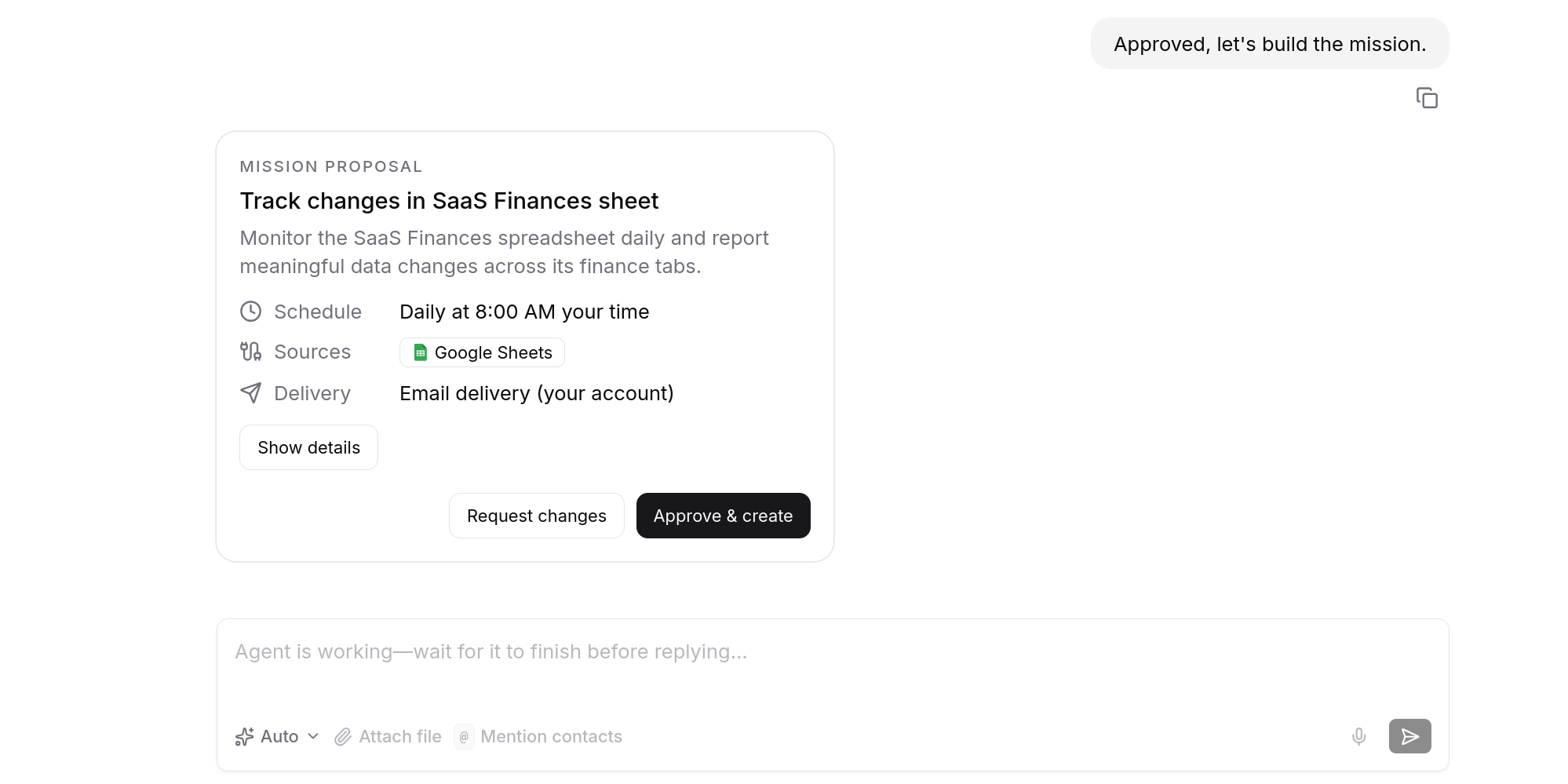 Home chat turning a typed request into an approvable mission card.