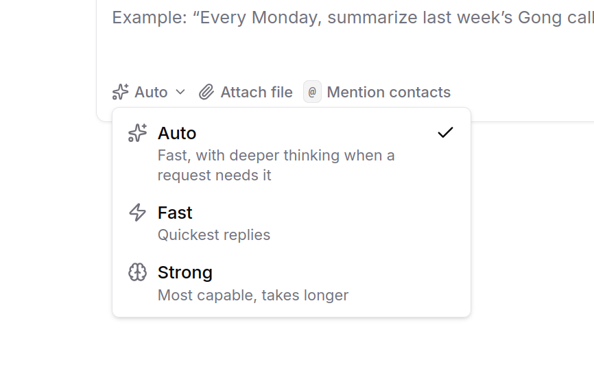 The Auto / Fast / Strong model selector in the chat composer.